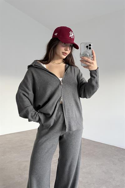 Kapüşonlu Premium Triko Çift Fermuarlı Antrasit Takım