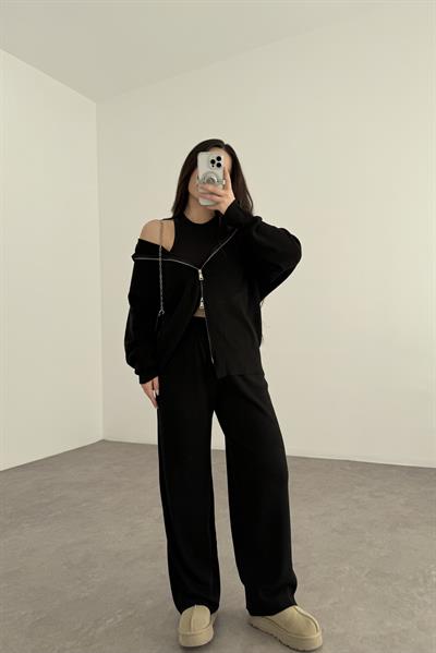 Kapüşonlu Premium Triko Çift Fermuarlı Siyah Takım