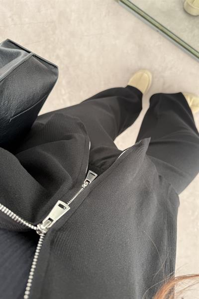 Kapüşonlu Premium Triko Çift Fermuarlı Siyah Takım