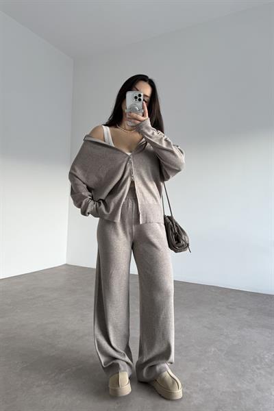 Kapüşonlu Premium Triko Çift Fermuarlı Taş Takım