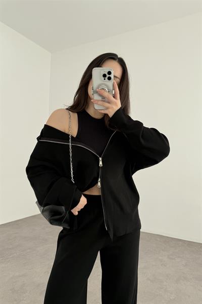 Kapüşonlu Premium Triko Çift Fermuarlı Siyah Takım