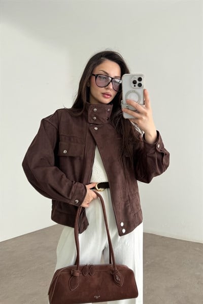 Premium Süet Dik Yakalı Kahve Ceket