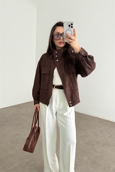 Premium Süet Dik Yakalı Kahve Ceket