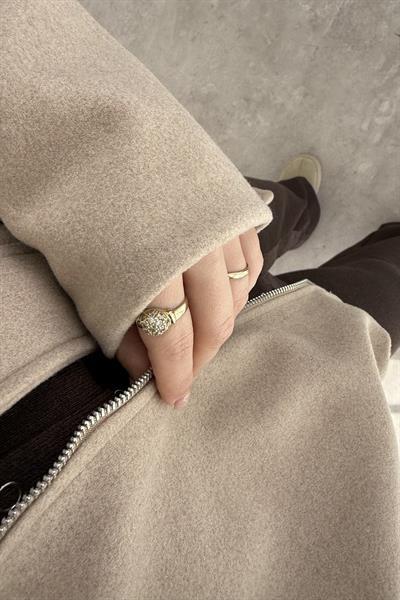 Kaşe Bomber Kesim Fermuarlı Bej Mont