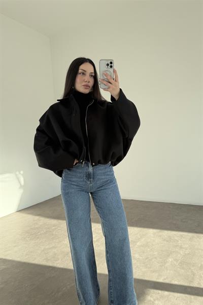 Kaşe Bomber Kesim Fermuarlı Siyah Mont