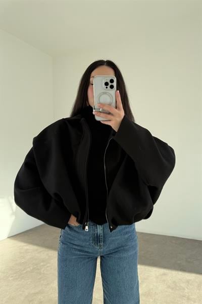 Kaşe Bomber Kesim Fermuarlı Siyah Mont