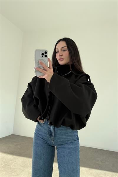 Kaşe Bomber Kesim Fermuarlı Siyah Mont