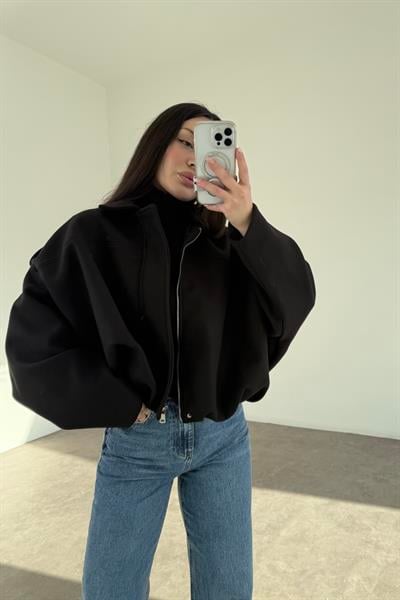 Kaşe Bomber Kesim Fermuarlı Siyah Mont