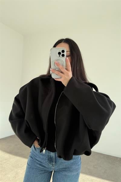 Kaşe Bomber Kesim Fermuarlı Siyah Mont