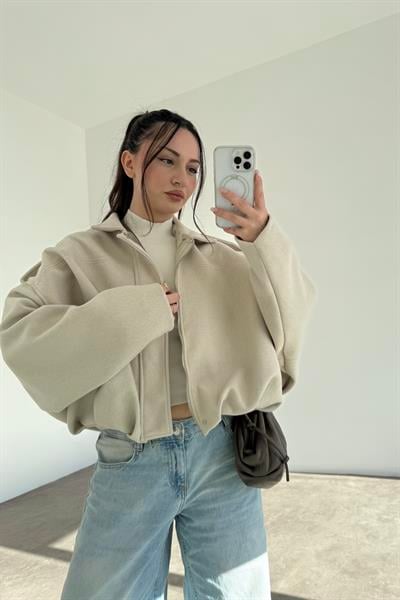 Kaşe Bomber Kesim Fermuarlı Taş Mont