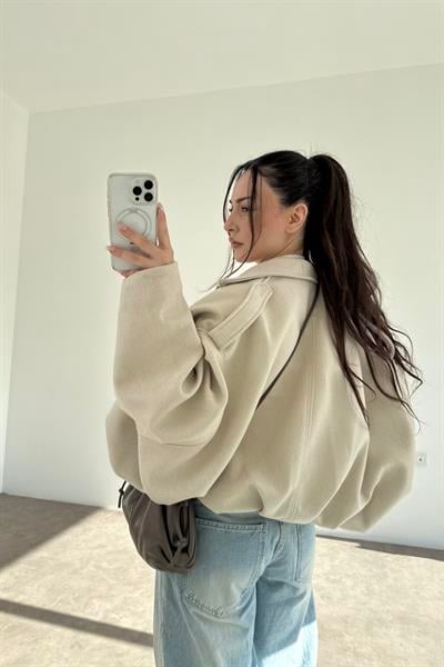 Kaşe Bomber Kesim Fermuarlı Taş Mont