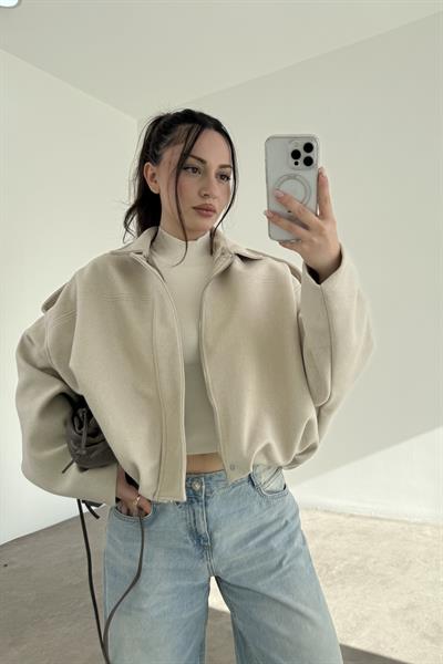 Kaşe Bomber Kesim Fermuarlı Taş Mont