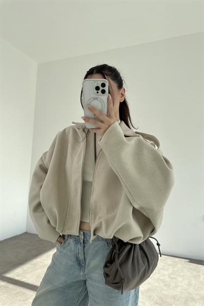 Kaşe Bomber Kesim Fermuarlı Taş Mont