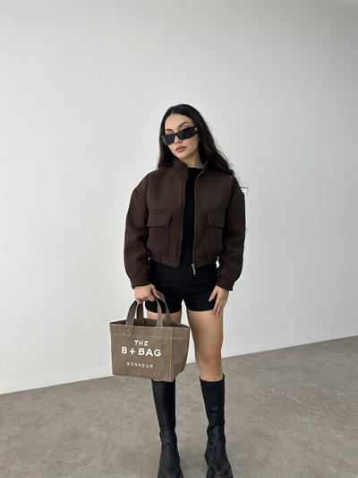Kaşe Cep Detaylı Kahve Bomber