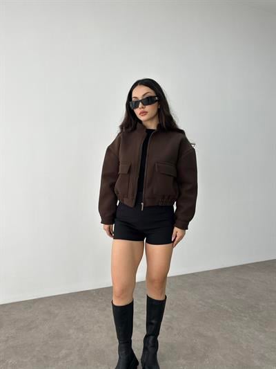 Kaşe Cep Detaylı Kahve Bomber