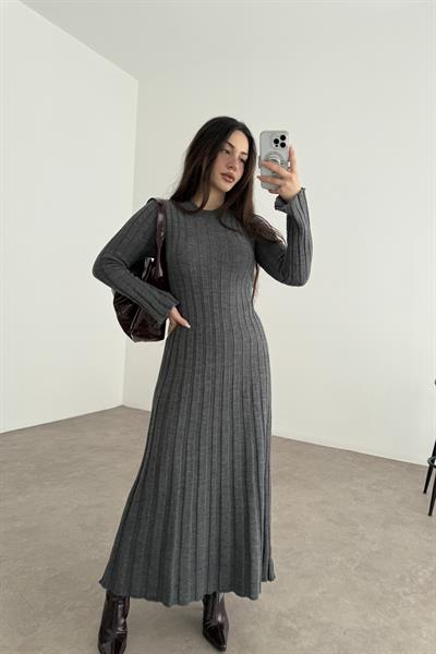 Kaşkorse Uzun Eteği Volanlı Elbise Antrasit