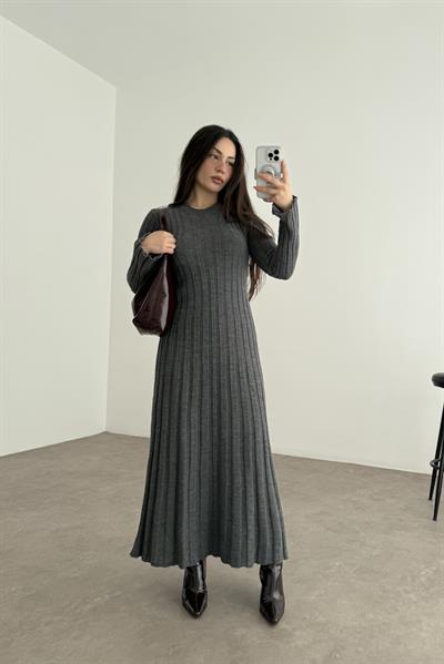 Kaşkorse Uzun Eteği Volanlı Elbise Antrasit