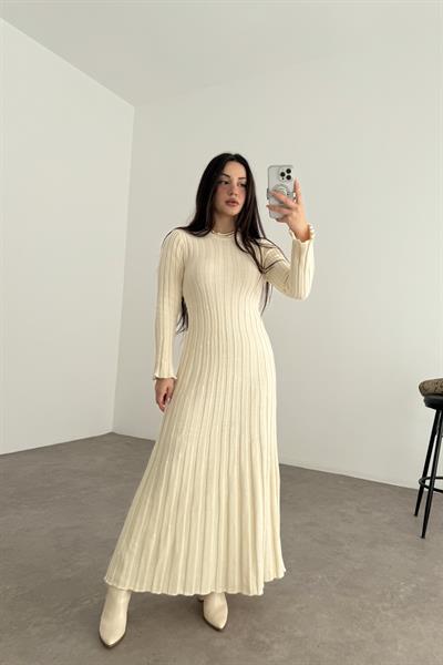 Kaşkorse Uzun Eteği Volanlı Elbise Ekru