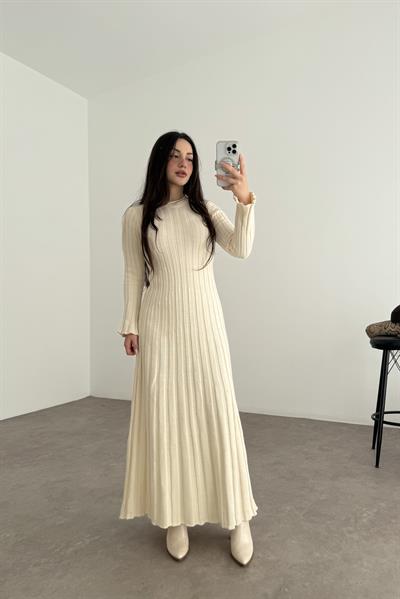 Kaşkorse Uzun Eteği Volanlı Elbise Ekru