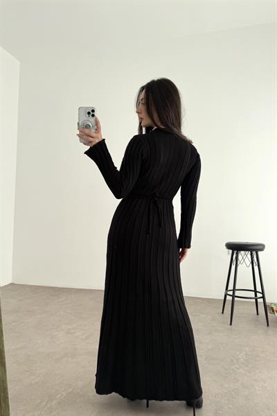 Kaşkorse Uzun Eteği Volanlı Elbise Siyah