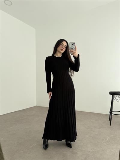 Kaşkorse Uzun Eteği Volanlı Elbise Siyah