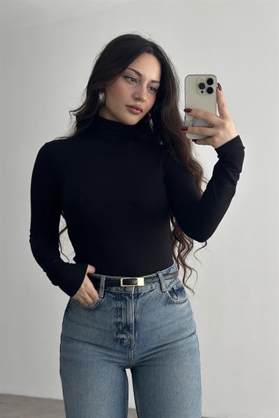 Kaşmir Pamuk Balıkçı Yaka Bluz Siyah