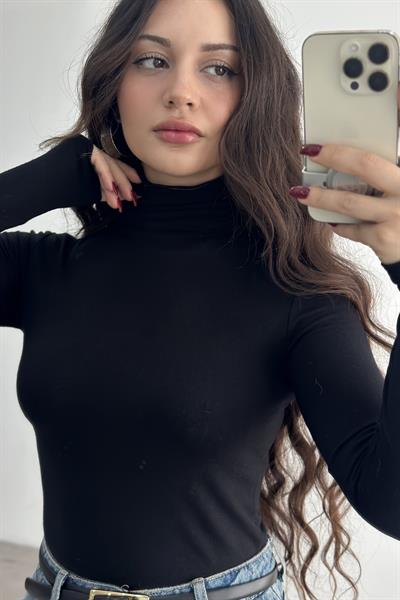 Kaşmir Pamuk Balıkçı Yaka Bluz Siyah