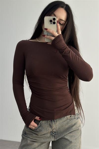 Kaşmir Pamuk Yırtmaçlı Drapeli Basic Kahverengi 