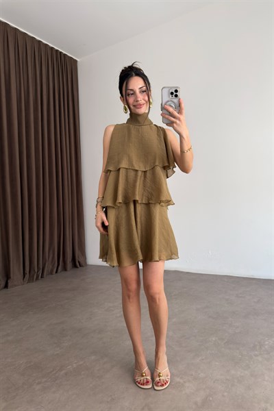 Katlı Bağlama Detaylı Mini Elbise Olive