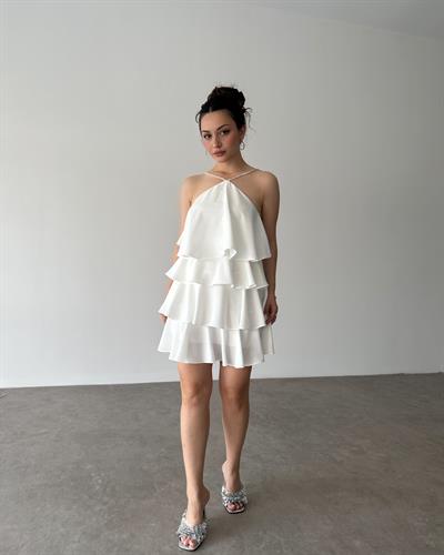 Katlı Bridal Mini Elbise Halter Yaka Taş Detaylı Astarlı