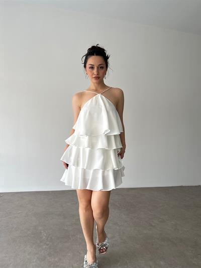 Katlı Bridal Mini Elbise Halter Yaka Taş Detaylı Astarlı