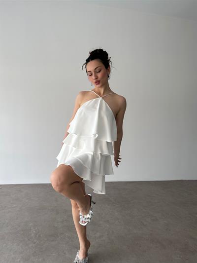 Katlı Bridal Mini Elbise Halter Yaka Taş Detaylı Astarlı