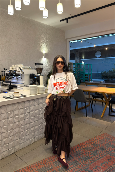 Katlı Şifon Acı Kahve Etek