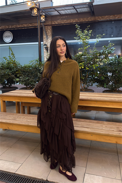 Katlı Şifon Acı Kahve Etek