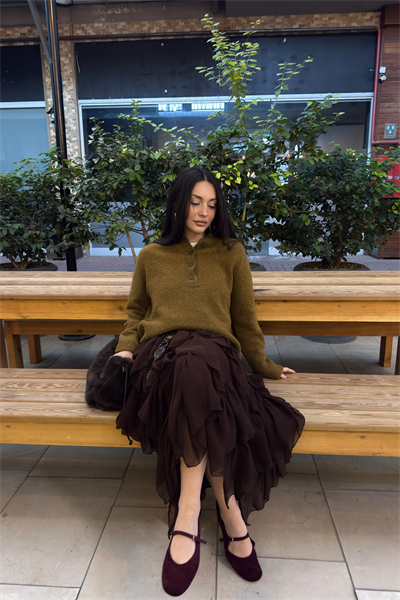 Katlı Şifon Acı Kahve Etek