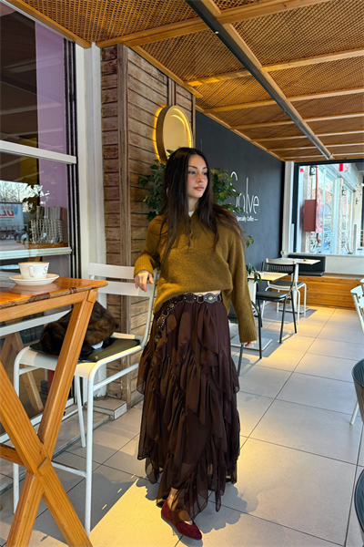 Katlı Şifon Acı Kahve Etek