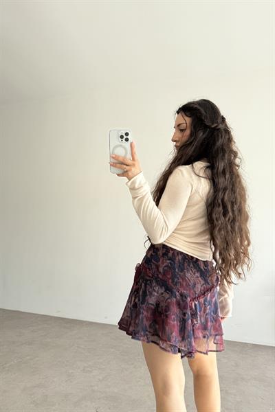 Katlı Şifon Desenli Bohem Etek