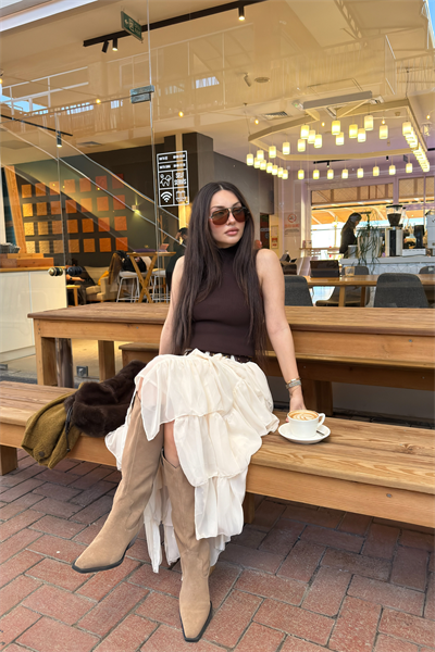 Katlı Şifon Ekru Etek