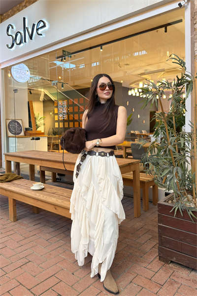 Katlı Şifon Ekru Etek