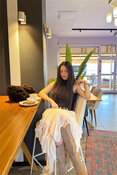 Katlı Şifon Ekru Etek