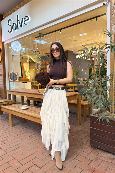 Katlı Şifon Ekru Etek