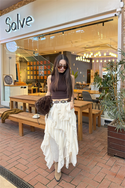 Katlı Şifon Ekru Etek