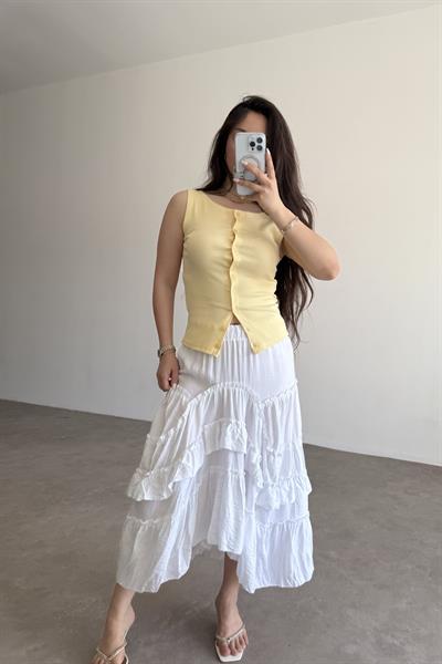 Katlı Volanlı Beyaz Midi Etek 