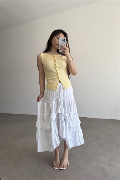 Katlı Volanlı Beyaz Midi Etek 