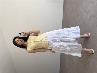 Katlı Volanlı Beyaz Midi Etek 