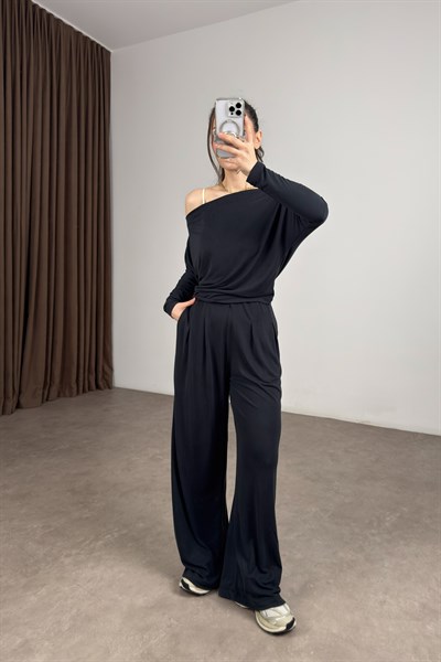 Kayık Yaka Modal Antrasit Bluz Pantolon Takım