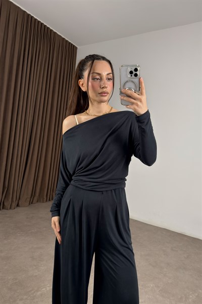 Kayık Yaka Modal Antrasit Bluz Pantolon Takım