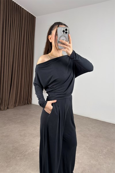 Kayık Yaka Modal Antrasit Bluz Pantolon Takım