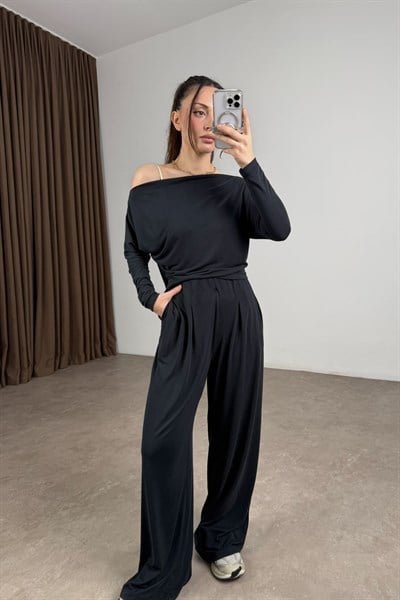 Kayık Yaka Modal Antrasit Bluz Pantolon Takım