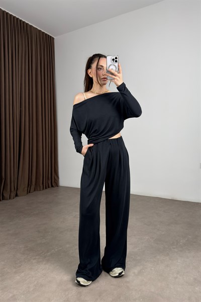 Kayık Yaka Modal Antrasit Bluz Pantolon Takım